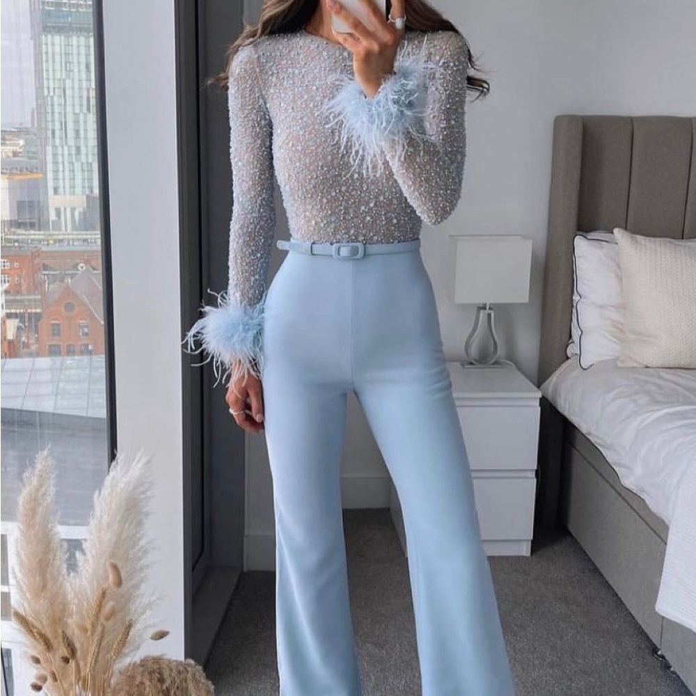 NADINE MERABI Light Blue Feather Jumpsuit